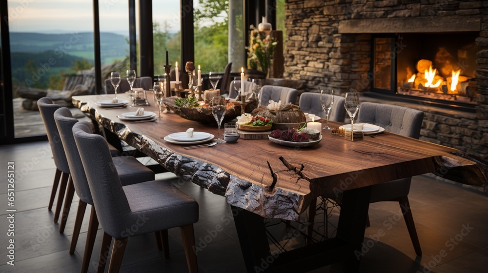 A rustic live edge dining table and wooden chairs enhance the interior design of the modern dining room in a country house, creating a warm and inviting atmosphere
