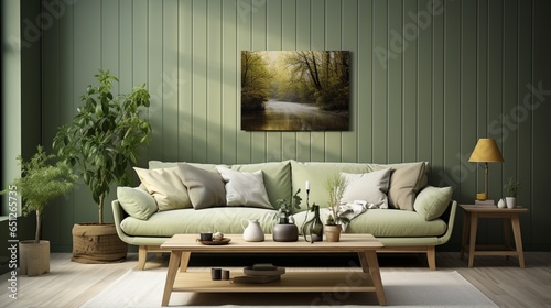 A rustic sofa and a round wooden coffee table are arranged against a light green paneling wall, embodying the Scandinavian home interior design of the modern living room