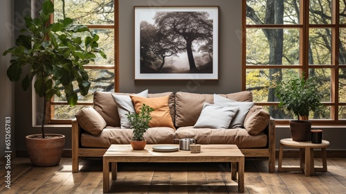 A rustic sofa and a side table, along with potted houseplants, are set against a wall with a poster, reflecting the Scandinavian home interior design of the modern living room