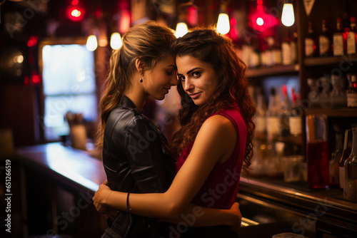 Vibrant lesbian couple, arm-in-arm, exuding pride and love under a striking neon 'Love is Love' sign in a lively bar scene.