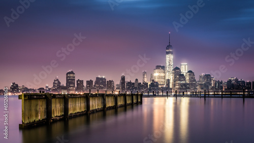 Downtown New York as observed from Jersey City  from across the Hudson River at dawn.