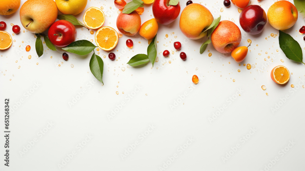 Mix of yellow and red apples oranges and green leaves on white background Generative AI Illustration