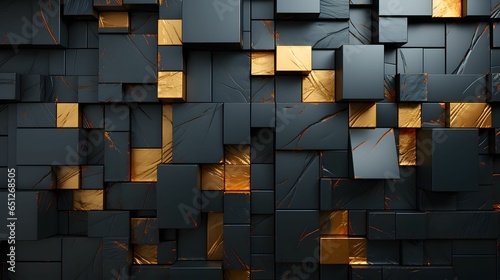 Abstract dark geometric luxurious noble gold black 3d texture wall with squares and rectangles background banner illustration
