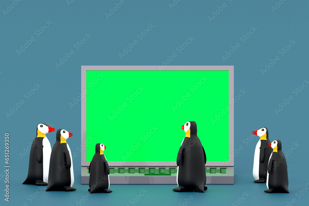 Obraz premium Penguins around a laptop with chrome key. Open source symbol