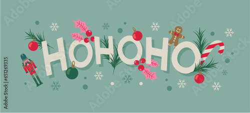 Saying ho ho ho. Lettering for Chritsmas. Gretting card. Vector illustration. Flat design with christmas icons and ornaments. Banner