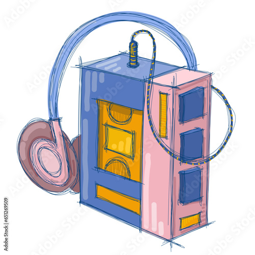 Illustration of walkman, vintage device for listening to music from cassette tapes.