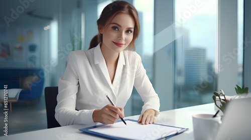 A business woman in the workplace writes at a desk in the office.