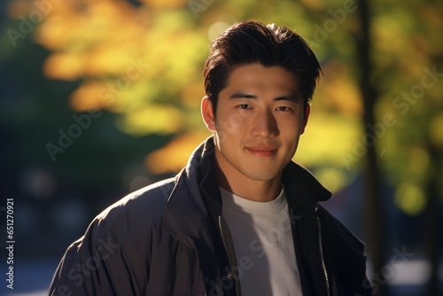 Portrait of a happy asian man on a blurred background. Close-up shot.