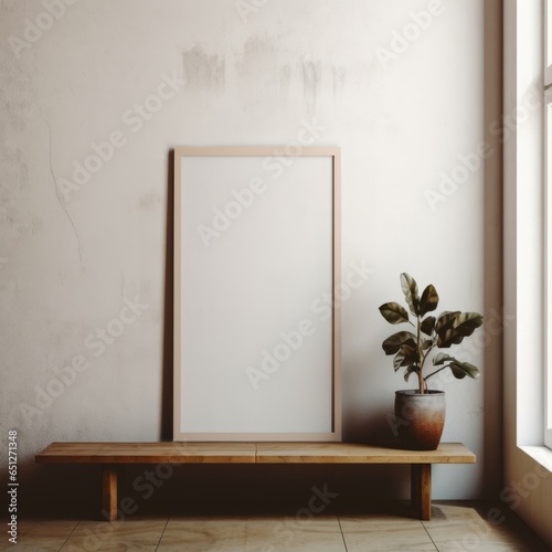 Picture frame mockup, vertical wodden frame, placed on wodden bench, leaning against a off white wall, aspect ratio 9:16, wodden floor, bench, plants