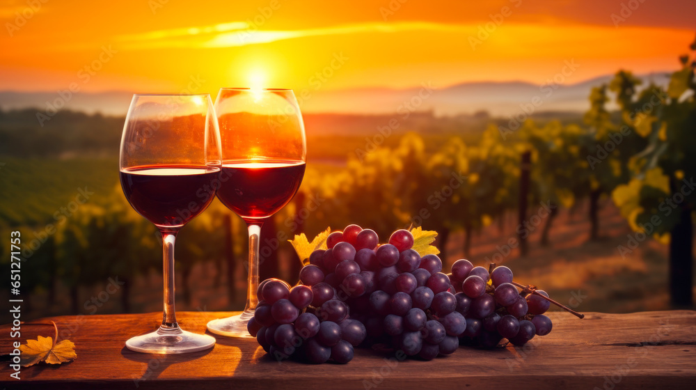 Two glasses of red wine and grapes on wooden table in vineyard in Tuscany  at sunset. Ai generative.