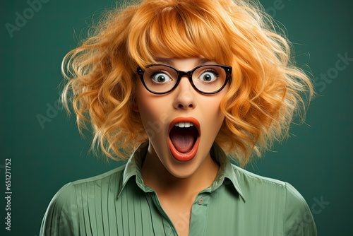 Woman wearing glasses and blonde wig surprised with eyeglasses on green background © ZoomTeam