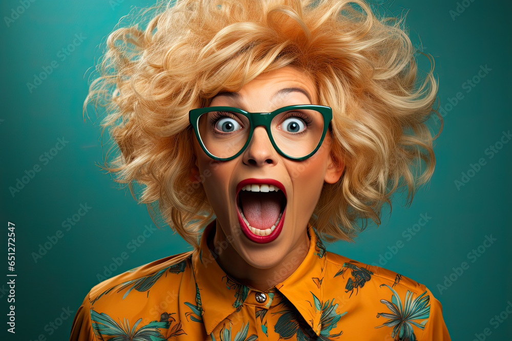 Woman wearing glasses and blonde wig surprised with eyeglasses on green background