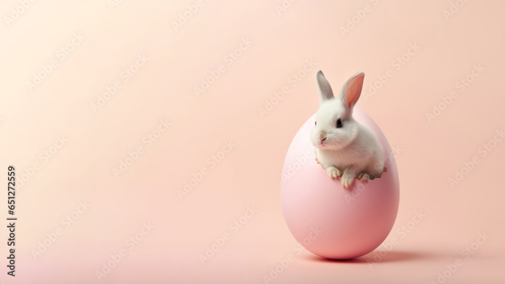 A little cute bunny hatched from a pink Easter egg. Copy space.