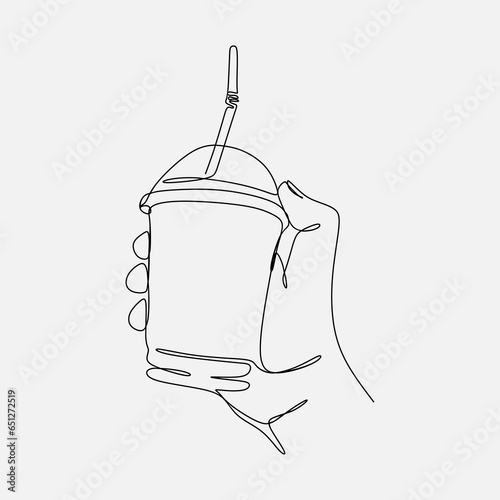 continuous line drawing of a hand holding drink in plastic cup. one single line. graphic design vector illustration.