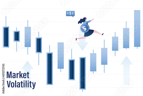 Smart investor jumping at trading candlestick chart. High market volatility, balance between profit and risk. Investment forecast, investing opportunity.