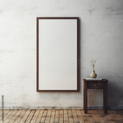 Picture frame mockup, vertical black frame, hanging on a concrete wall, aspect ratio 9:16, wodden floor