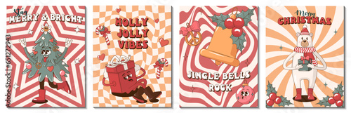 Collection of Vintage Hippie Retro Merry Christmas and Happy New year cards or posters with retro cartoon characters and elements: Christmas tree, bear, gift, bell and others with text.