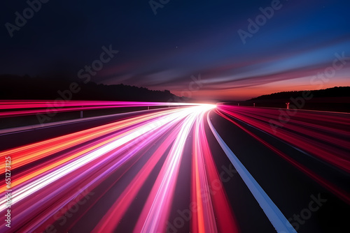 red and pink color neon light trail on highway in the night sky, slow motioned light trail. Generative AI