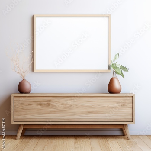 Picture frame mockup, horizontal wodden frame, hanging on a light grey wall, aspect ratio 4:3, wodden floor, credenza