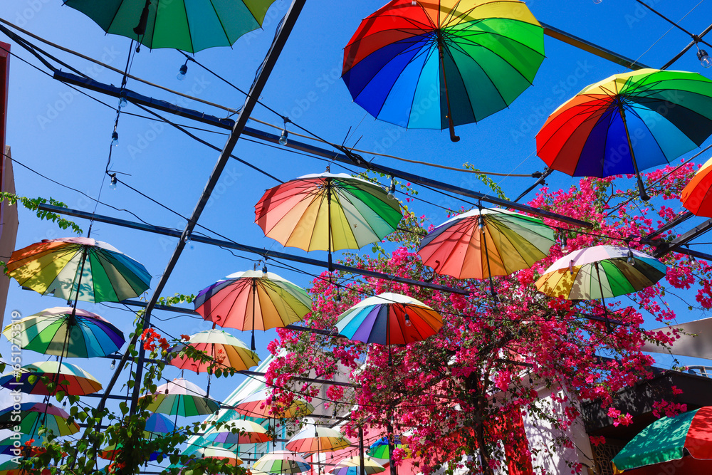 Colorful umbrella decoration-A street decorated with colorful umbrellas in Puerto Plata, Dominican Republic - obrazy, fototapety, plakaty 