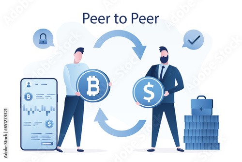 Businessmen directly exchange digital money. P2P, peer to peer, online platform or app on smart phones for exchange crypto currency. Exchange bitcoin, financial technology.