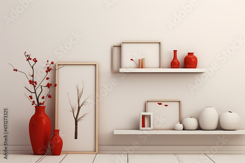 modern living room interior house design ideas, vases, shelves, paintings, white or cream color background wall texture. Generative AI