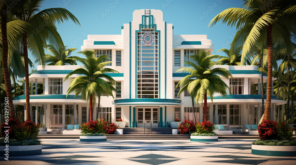 Naklejka premium Art deco hotel in a tropical city like Miami. 
