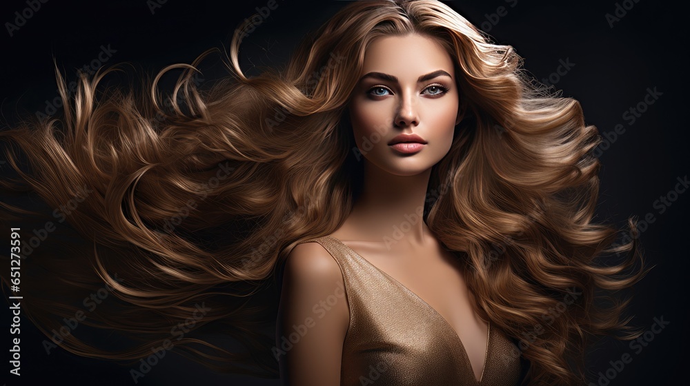 allure of a stylish woman with long, shiny, wavy hair, embodying the essence of beauty and fashion.