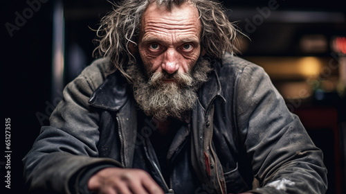 Close-up view of a homeless person.