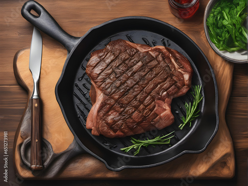 beef steak on a cast iron frying pan on a wooden table with empty space. generative AI