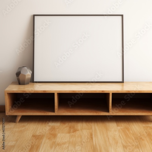 Picture frame mockup, horizontal black frame, placed on a credenza, leaning against a white wall, aspect ratio 4:3, wodden floor, credenza