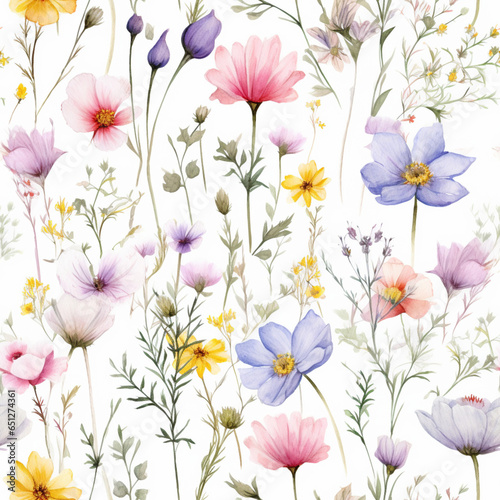 pattern of wildflowers in watercolor style, with soft colors and delicate brushstrokes, on a white background 19 © Nicolas