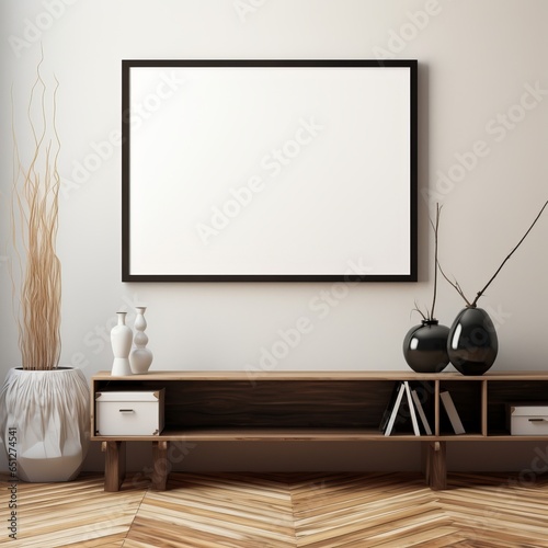 Picture frame mockup, horizontal black frame, hanging on a white wall. aspect ratio 4:3, wodden floor, credenza