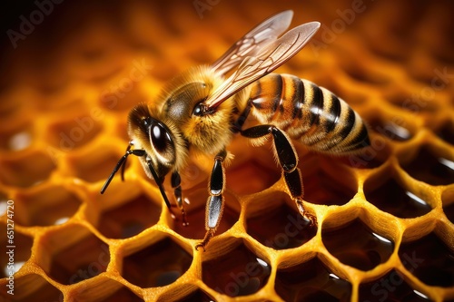 Realistic Macro Capture of a Honeybee in Its Hive The Intricate World of Beekeeping