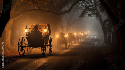 Pumpkin Carriages on a Foggy Road