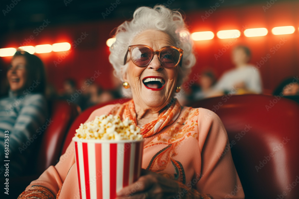 Happy elderly woman watching movie in cinema theater with popcorn, National Grandparents Day, International Day of Older Persons