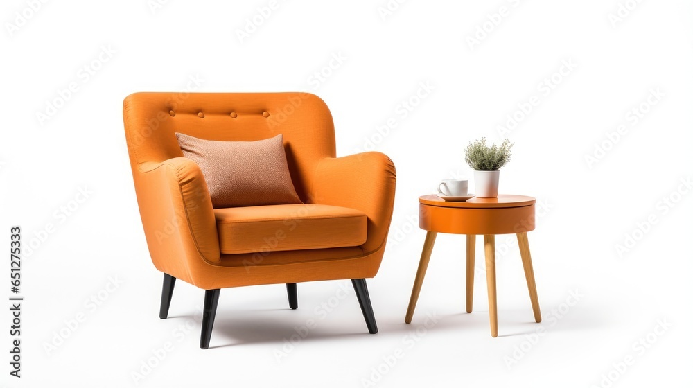 Cozy Corner: Stylish Armchair and Coffee Table Isolated on White Background.