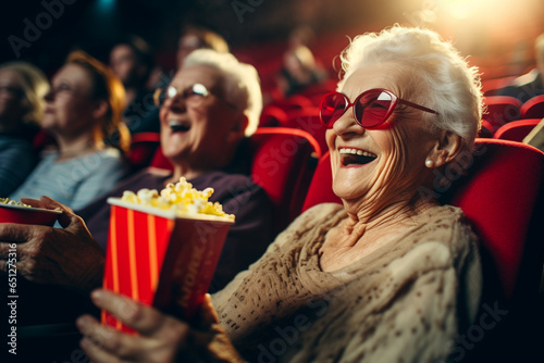 Happy elderly people watching movie in cinema theater with popcorn