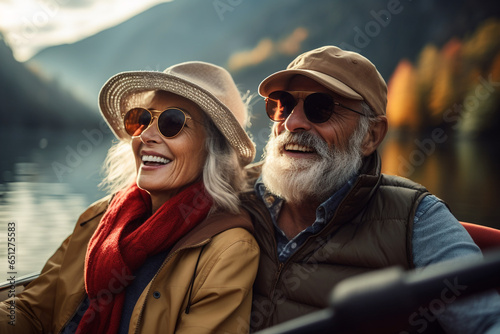 Portrait of smiling elderly people traveling on water