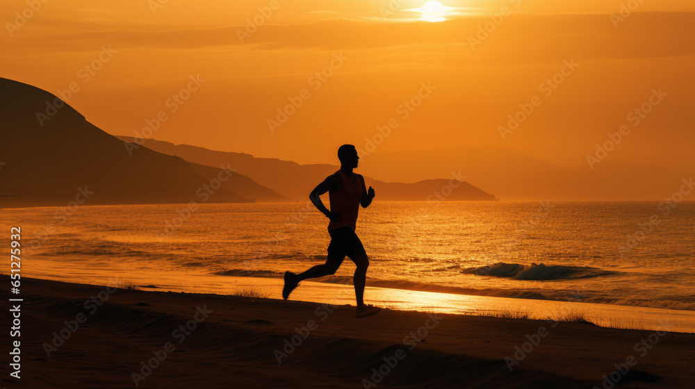 One Person Running Along the Beach at Sunset