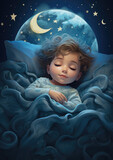 Generative AI, little cute european child sleeping, baby in a crib, boy or girl lying in bed, healthy sleep, linen, childhood, dreams, kid resting, rest, relaxation, daily routine, place for text, nap