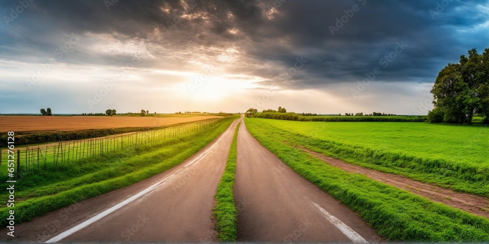 Panoramic View of Verdant Fields with a Desolate Road under a Cloud-Streaked Sunset Sky