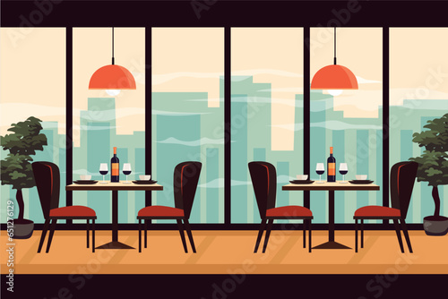 Dining table for date with glasses of wine and chairs in flat style. Luxury exclusive rooftop restaurant. City skyline on background. Restaurant indoor. Vector stock