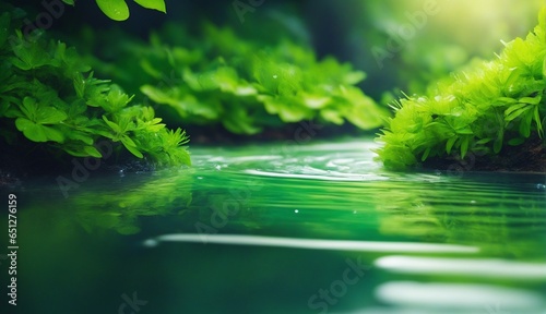 Fresh Water Stream with Young Greenery. Horizontal Banner for Springtime. Abstract Outdoor Nature Background.