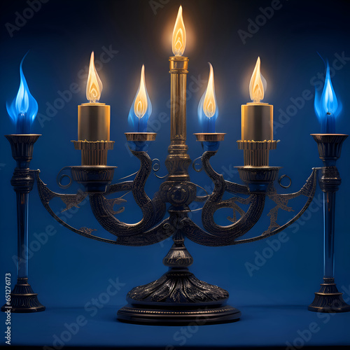 a photoillustration of blue menorah with blue burning candles. Hanukkah celebration. generative ai photo