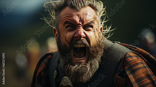 Captivating display of raw emotion as an irate caber tosser in Scotland, furrowed brow revealing fury at the heart of Highland games competition.