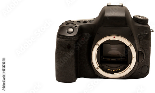 Câmera fotográfica, corpo de câmera fotográfica modelo profissional DSLR. Formato de arquivo png fundo transparente. 