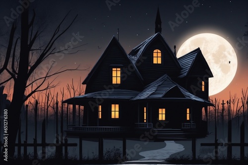 Creepy Halloween-themed 3D illustration of a spooky house and eerie street under moonlight.