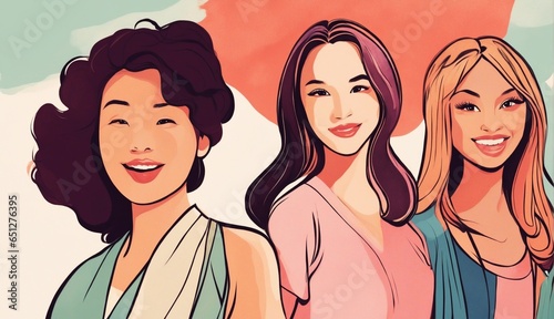 Happy women group for International Women’s day , watercolor style illustration by 