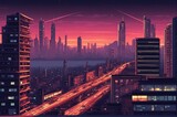 Pixel Art Illustration of a Cyberpunk Cityscape at Night with Skyscrapers, Neon Lights, Billboards, Cars, Theater Marquee, & Electric Wires. Retro Video Game Pixelart City. [Sci-Fi, Fantasy, Historic]
